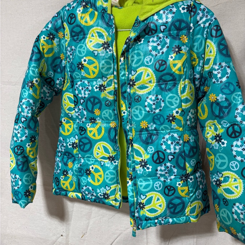 Faded Glory Kids Puffer Jacket - Teal and Yellow Peace Sign Design size 10-12